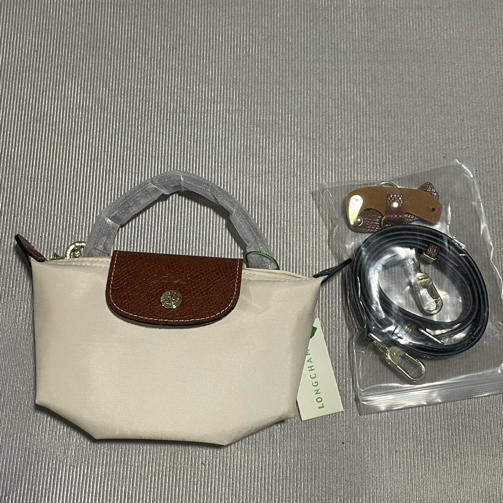 Longchamp Mini Nylon Top-Handle Bag in Cream with Brown Trim